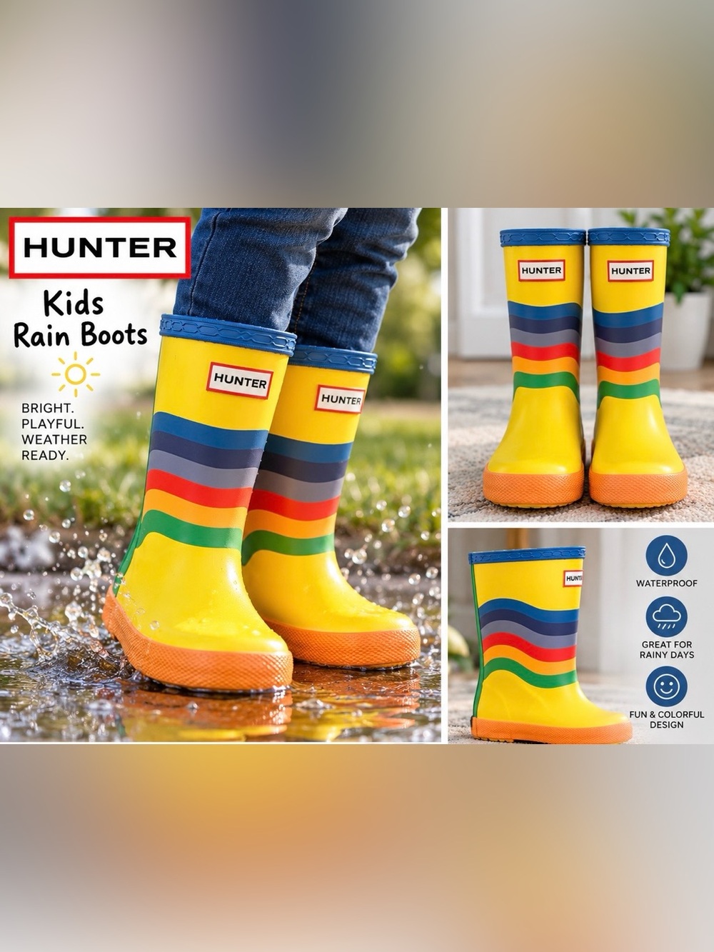 Hunter Kids Rainbow Rain Boots Yellow Multicolor